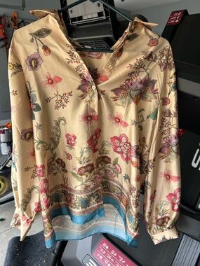 Tahari Cream Floral Button-Down Blouse with Pink and Teal Accents